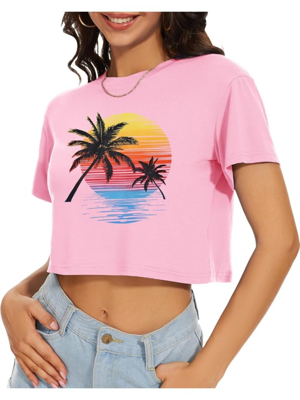 Women's Sunset Coconut Short Sleeve Round Neck Loose Fit Casual Summer Crop Tops - Picture 2 of 6